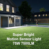 75W Motion Sensor Security Lights with Remote Control,3 Heads Motion Detection Outdoor Lights 6500K IP65,7500LM Flood Lights Dusk to Dawn Motion Sensor Lights for Yard Garage Porch Wall 2PCS